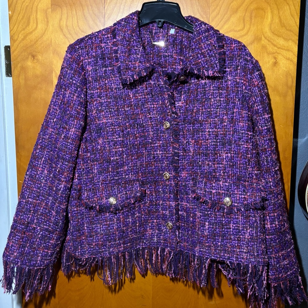 Chico's Vibrant Purple Tweed Blazer with Fringe, Size 3 (XL/16)